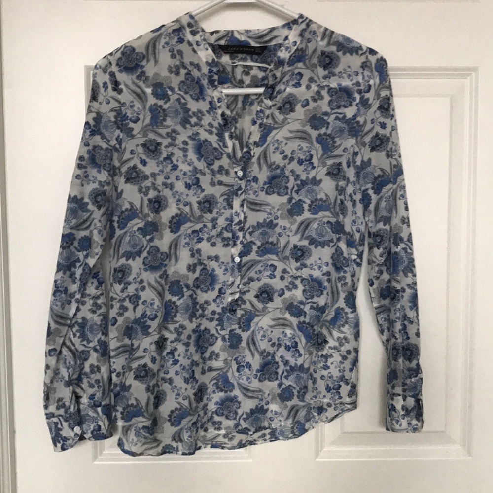 Zara blue/white cotton/silk summer popover